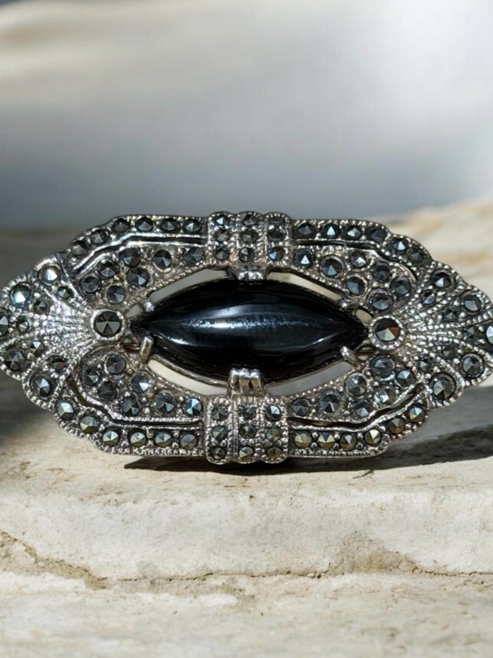 VTG Art Deco Sterling Silver 925 Black Onyx Marcasite Brooch Pin Openwork 8.45g
